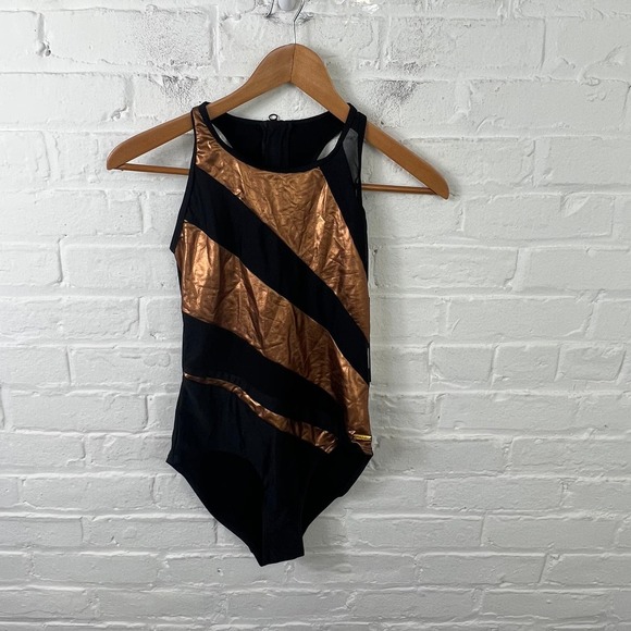 NWT Nicole Miller Women's Back Zipper Mesh One Piece Swimsuit Black Gold Size 6 - Picture 1 of 6